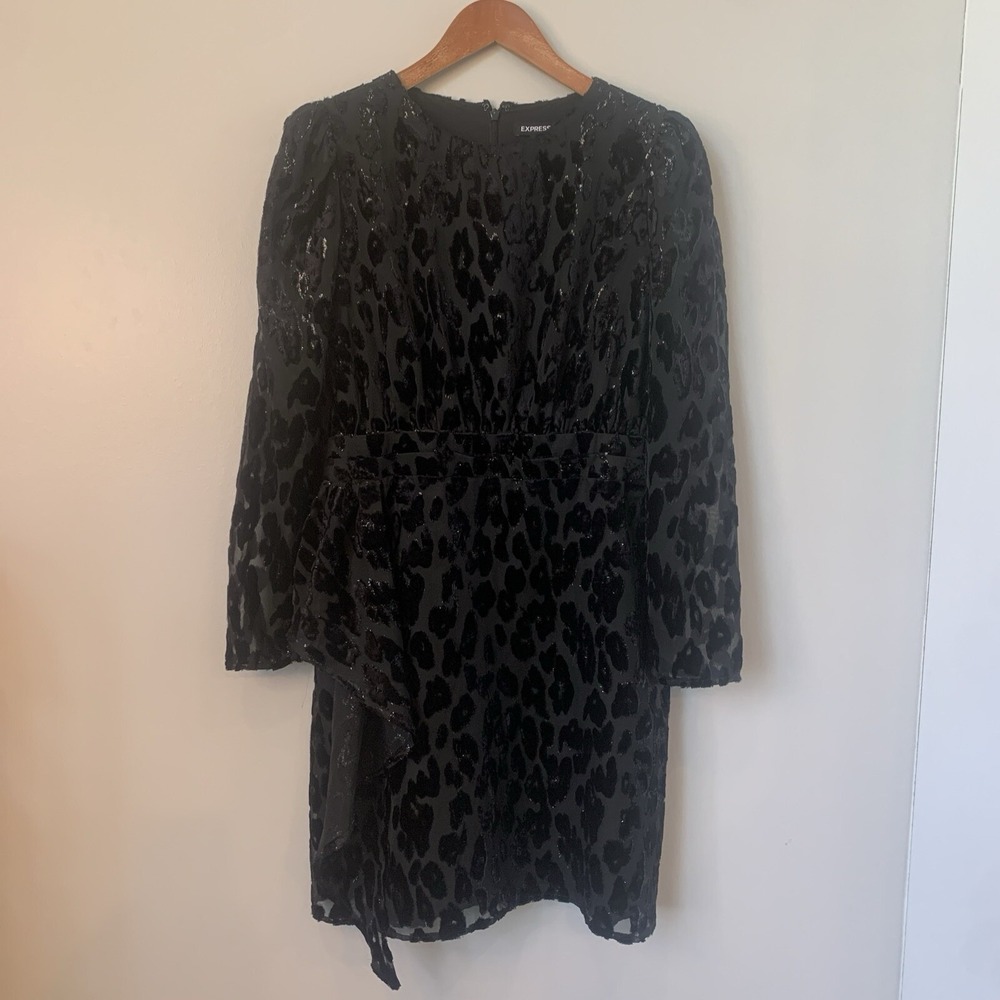 Express‎ Womens Shift Dress M Black Velvet Burnout Animal Print Side Ruffle Y2K